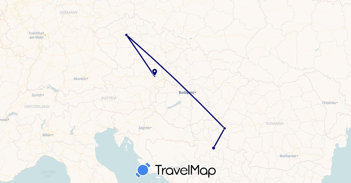 TravelMap itinerary: driving in Austria, Czech Republic, Romania, Serbia (Europe)